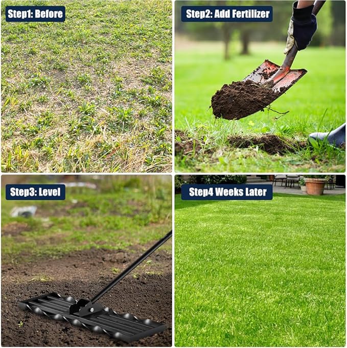 Lawn Leveling Rrakes (17x10 inch),Lawn Leveling Tool ,Spiral Patented Design with a 72" Handle rake, Suitable for backyards, Gardens, Golf Courses, Farms, Pastures