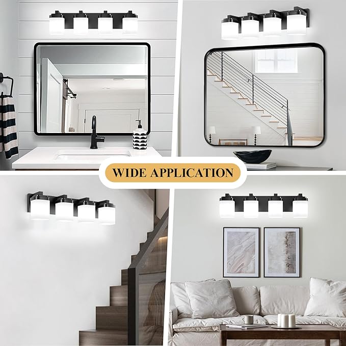 4-Light Black Bathroom Light Fixtures, Vanity Lights for Bathroom Mirror Lamp with Milky White Square Glass Shade, E26 Base Modern Wall Sconce Light Kitchen Light Fixtures Led Vanity