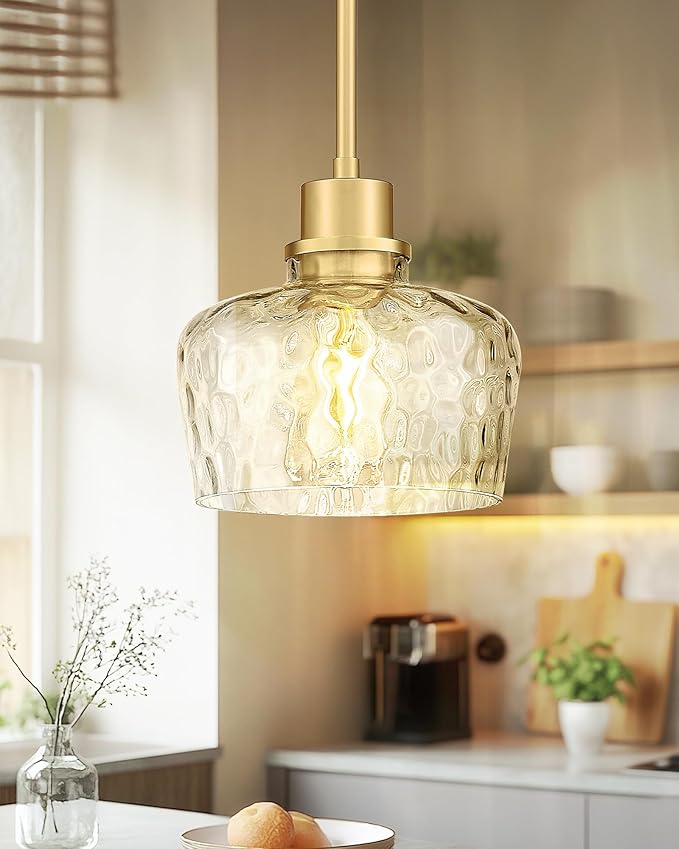 Emak Gold Pendant Lights Kitchen Island, 8 Inch Hammered Glass Pendant Light Fixtures, Modern Hanging Lights for Kitchen,Dining Room, Bathroom, PL122-GD-HG