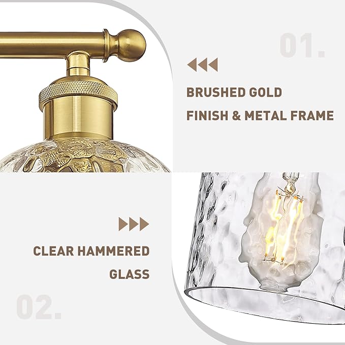 zeyu 34.8'' Gold Bathroom Wall Light, 5 Light Bathroom Vanity Light for Mirror Living Room, Brushed Gold Finish with Clear Hammered Glass, ZJF63B-5W BG