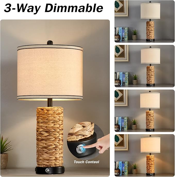 GyroVu Rattan Table Lamp Set of 2, Wicker Lamps, 3 Way Dimmable Touch Seagrass Table lamp with 2 USB Ports and 1 AC Outlet for Bedroom Nightstand Table, Livingroom End Table, Bulbs Include