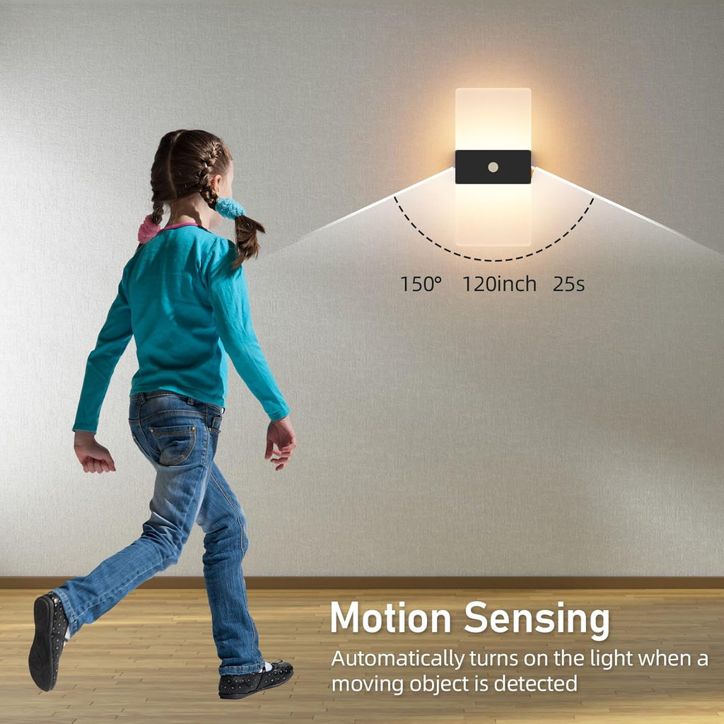 Wireless Motion Sensor Indoor Wall Sconces Set of 2, Morden Battery Acrylic LED Wall Lantern, Cordless Decorative Wall Lamps for Porch Patio Hallway Bedroom Living Room(Black)