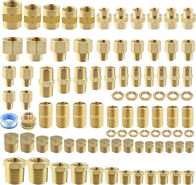 95PCS Brass Pipe Fittings Assortment Kit NPT Adapter,Hex Nipple,Hex Coupling,Reducer Bushing,Reducer Busing, Close Nipple, Hex Head Plug,BulkHead Nut&Bulk Head NPT Fittings Kits