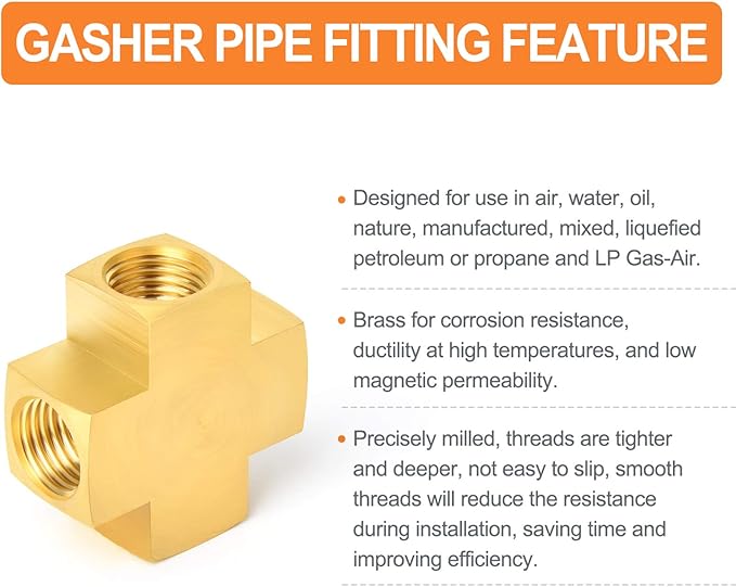 GASHER 3PCS Brass Pipe Fitting, Barstock 4 Way Cross, 1/4" x 1/4" x 1/4" x 1/4" NPT Female Pipe