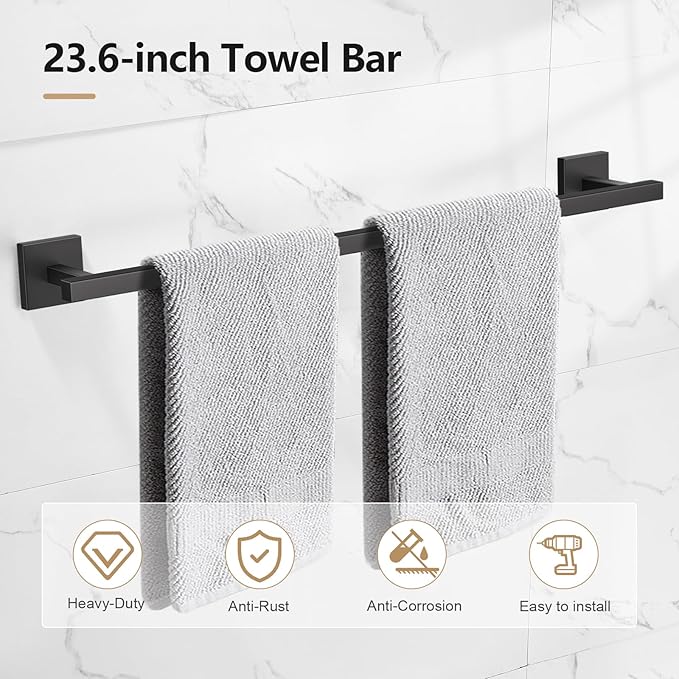TQKAG 5-Pieces Matte Black Bathroom Hardware Accessories Set 23.6" SUS304 Stainless Steel Towel Bar Set Wall Mounted Square Toilet Paper Holder with Shelf