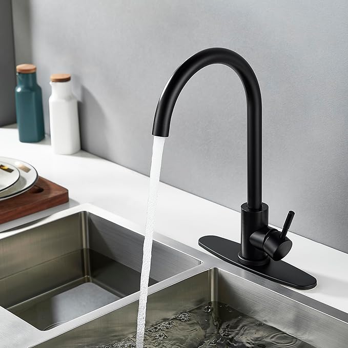 Single Handle High Arc Matte Black Kitchen Faucet Stainless Steel Commercial Single Hole Kitchen Sink Faucet, Modern One Hole Bar Sink Faucet with Deck Plate