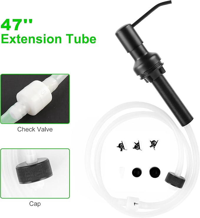 Soap Dispenser for Kitchen Sink, Sink Soap Dispenser with Longer Threaded Shaft Shank, 47" Extension Tube Connects Directly to Dish Soap Container, Wider Pump Head Base （Black）