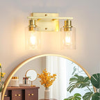 EMONG Gold Bathroom Light Fixtures, 2-Lights Brushed Brass Vanity Light with Clear Glass Shade, Modern Wall Sconces for Hallway, Farmhouse, Living Room