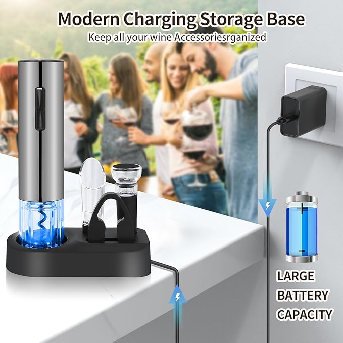Electric Wine Bottle Opener Set- Silver, Automatic Wine Bottle Opener with Led Light, Rechargeable Corkscrew Kit with Aerator，Foil Cutter，Stoppers