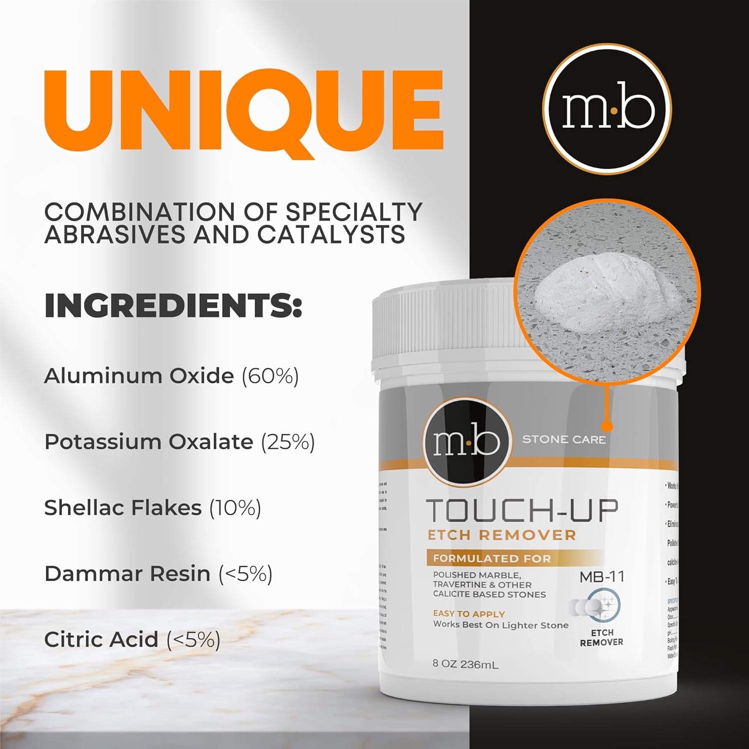 MB-11 Marble Polishing Powder with Microfiber Cloth and Gloves - Spot Polish Water Stains, Rings or Etches to Restore Marble, Travertine, Limestone or Onyx