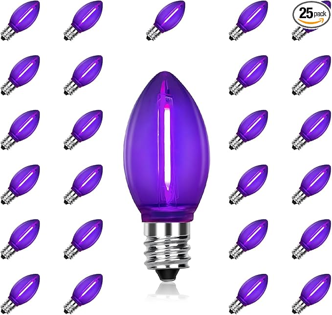 25 Pack C7 Replacement Bulbs, Dark Purple LED Halloween Light Bulbs, E12 Candelabra Base for Christmas Thanksgiving Xmas Tree Holiday Patio Outdoor String Lights Decor
