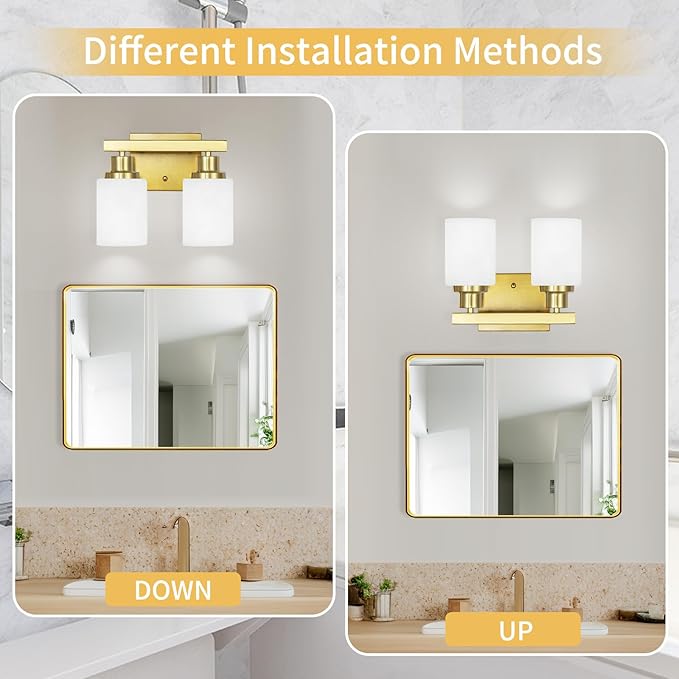 Gold Bathroom Light Fixtures Over Mirror, 2-Light Modern Vanity Lights with White Glass Shade, Bathroom Wall Lamp Sconces for Mirror Bedroom, Living Room Hallway Small Space