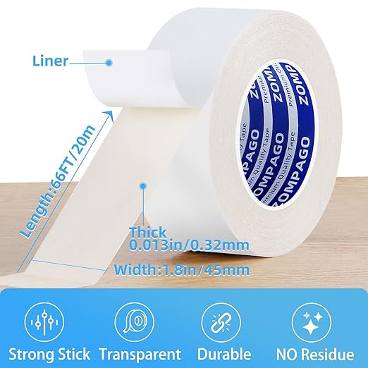Heavy Duty Double Sided Tape, 2inx66FT/50mmx20m, White,Clear Mesh, Extra Strong Adhesive for Carpets, Picture Hanging, DIY Projects - Hand Tearable