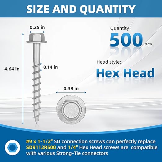 Upgrade SD Connector Screws, #9 x 1-1/2" Heavy-Duty Joist Hanger Screws, 500-Hour Salt Spray Rust Prevention Grade, 1/4" Hex Head with 0.370"-Dia, Replace 10D Nails and Simpson SD9112R500, 500-QTY