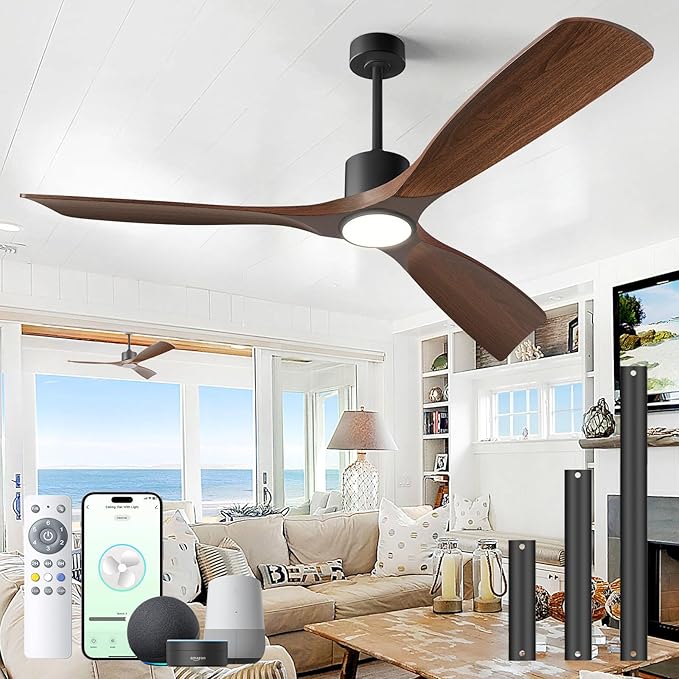 60" Smart Ceiling Fan with Lights,Outdoor Ceiling Fan Work with Alexa/Gg/App/Remote,3-Color Light Dimmable 6-Speed Quiet Reversible for Patio Porch Living Room,Dark Walnut