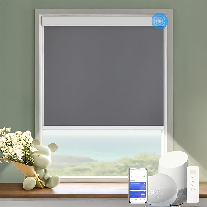 Motorized Blinds with Remote Cordless Automatic Motorized Shades Custom Blinds for Indoor Windows Smart Curtains with Alexa Google Home(Blackout Thunder Grey,W22 x H72in)