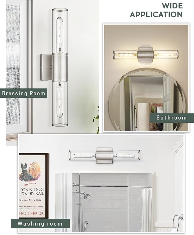 Bathroom Light Fixtures, Brushed Nickel Vanity Lights Over Mirror with Cleae Glass Shade, 2-Light Modern Wall Sconces Up and Down Wall Lamp for Bathroom Bedroom Hallway, VL834-BN-CH