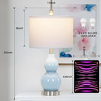 22" Double Gourd Ceramic Table Lamps Set of 2, Blue Modern Bedside Lamps for Living Room, Contemporary Nightstand Desk Lamps for Bedroom End Table Home Office Study Room Decor(2 LED Bulbs Included)