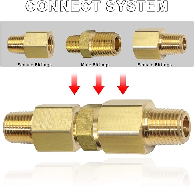 KOOTANS 1/4 NPT x 1/8 NPT Male Solid Brass Nipples, Heavy Brass Pipe Adapter Fittings Hex Reducing Nipples Connectors 4Pieces