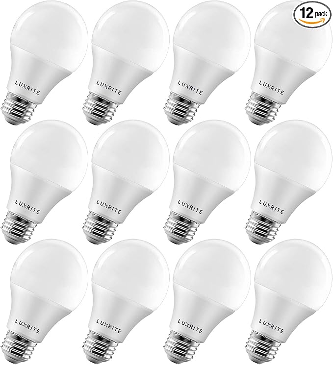 LUXRITE A19 LED Light Bulb 60W Equivalent, 4000K Cool White Dimmable, 800 Lumens, Standard LED Bulb 9W, E26 Base, Energy Star, Enclosed Fixture Rated, Perfect for Lamps and Home Lighting (12 Pack)