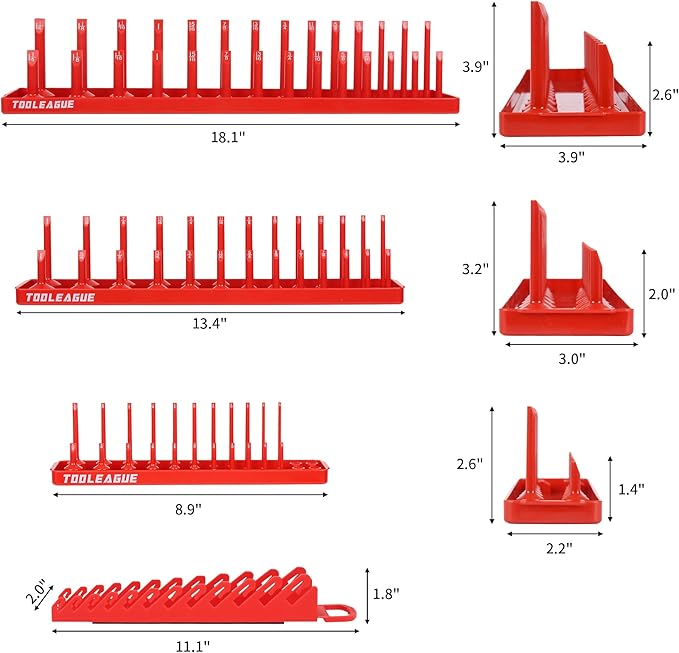 TOOLEAGUE 7Pcs Socket Organizer Tray and Magnetic Wrench Holder Set,Red SAE & Black Metric, 1/2", 1/4", 3/8" Socket Storage Trays for Tool Box Drawer