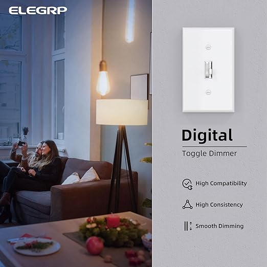 ELEGRP Digital Toggle Dimmer Switch for Dimmable LED, CFL and Incandescent Light Bulbs, Single Pole or 3-Way Toggle LED Dimmer Light Switch, Wall Plate Included, UL Listed, 2 Pack, White