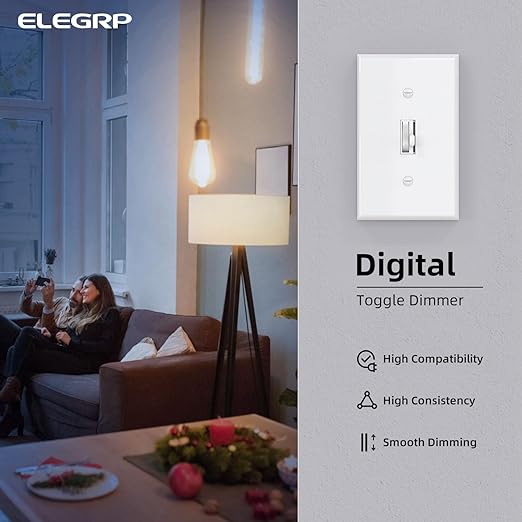 ELEGRP Digital Toggle Dimmer Switch for Dimmable LED, CFL and Incandescent Light Bulbs, Single Pole or 3-Way Toggle LED Dimmer Light Switch, Wall Plate Included, UL Listed, 6 Pack, White