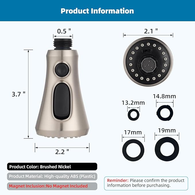 Hibbent Pull Down Kitchen Faucet Head Replacement, 3-Function Kitchen Faucet Head Sink Spray Nozzle with 15 Adapters Compatible with Moen, American Standard, Delta, Kohler Faucets, Brushed Nickel