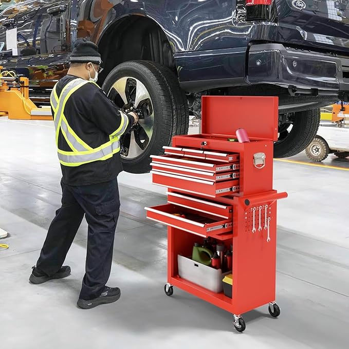 8 Drawer Rolling Tool Chest, High Capacity Tool Box with Lockable Wheels and Drawers, 2 in 1 Portable Toolbox Organizer Storage Cabinet for Garage, Warehouse, Repair Shop, Red