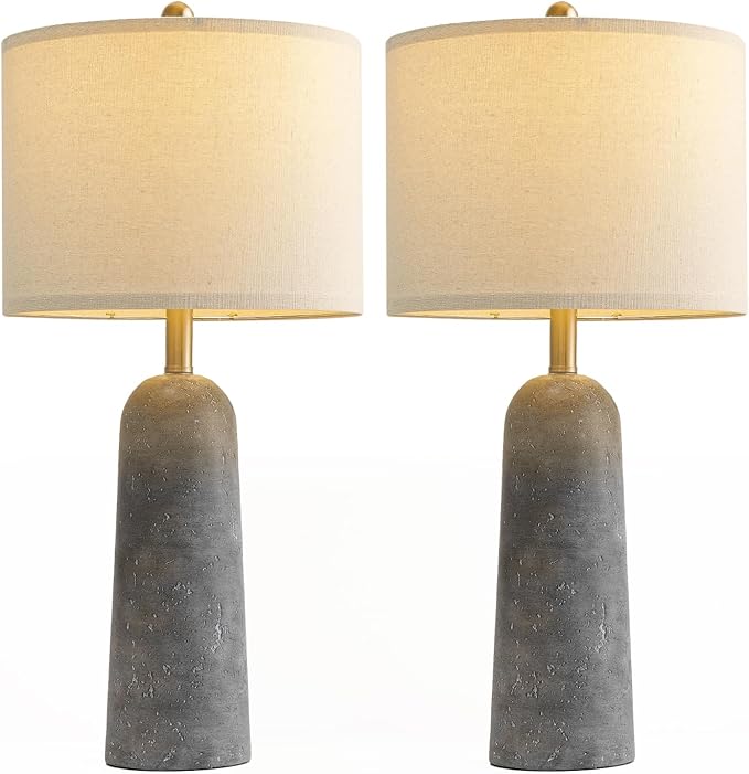 BOBOMOMO 27.25" Travertine Lamp Set of 2, Modern Lamps for Living Room with Linen Shades, Gray Resin Table Lamp with Natural Stone Look, Nightstand Lamp for Bedroom, Living Room, Entryway