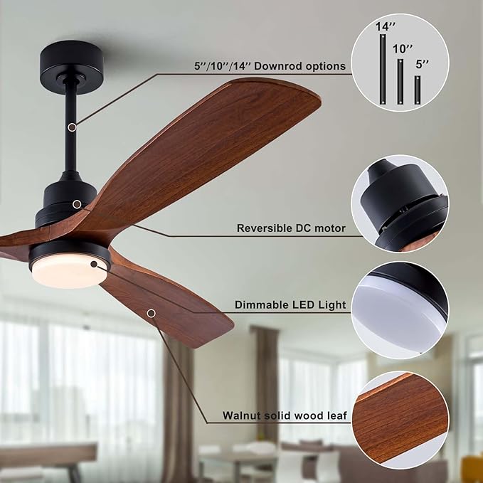 56" Wood Ceiling Fan with Light and Remote Control, Indoor Outdoor Wooden 3 Blades Ceiling Fan for Patio Living Room, Bedroom, Office,Reversible DC Motor(Black+Dark Walnut)