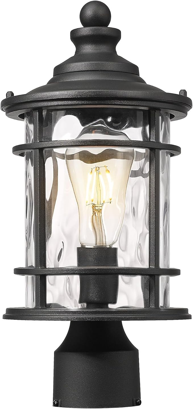 Emliviar Outdoor Post Lighting, 15 Inch Modern Vintage Exterior Pole Lantern for House Garden, Lamp Post Light with Water Ripple Glass, Black Finish, XE229P-WG BK