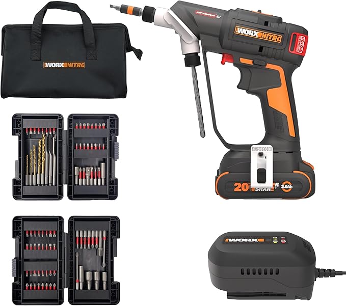 WORX Nitro 20V SwitchDriver 2.0 with 85 pc Accessory Kit, 2-in-1 Brushless Cordless Drill Driver, Drill Set Rotatable Dual 1/4" Chucks, WX177L.2 – (Battery & Charger Included)