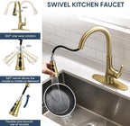WEWE Vintage Kitchen Faucet with Pull Down Sprayer, Stainless Steel 1 or 3 Hole High Arc Single Handle Antique Sink Faucet for Classic Modern Ktichen, Gold