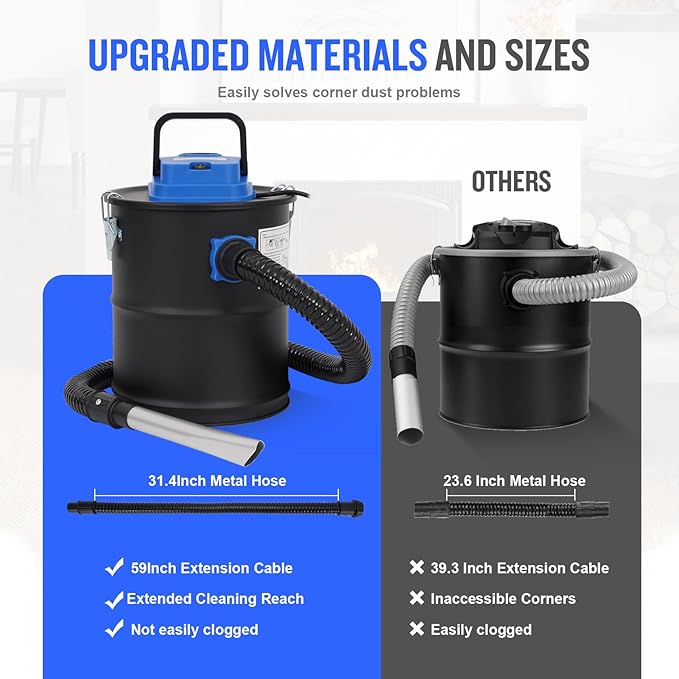 Ash Vacuum Cleaner -3.2 Gallon Fireplace Ash Vac with 800w Powerful Hose Non-Woven Dust Separator | Dry Stove Vacuum for Fireplaces Pellet Grill Wood Stove Fire Pits Blue