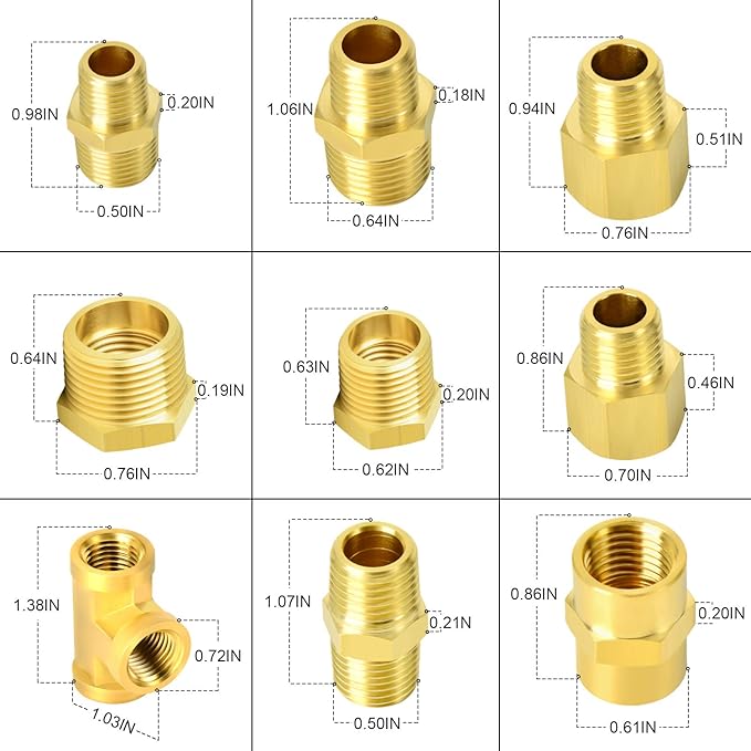 GASHER 26PCS Brass Pipe Fitting Kit, Hex Bushing, Reducer Adapter, Hex Nipple, 90 Degree Barstock Street Elbow