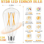 Edison Bulbs, E26 LED Bulb 60 watt Equivalent, Non-Dimmable, 2700K Warm White, ST58 Vintage Light Bulbs, 90+ CRI, E26 Medium Base, Clear Glass, 6 Pack