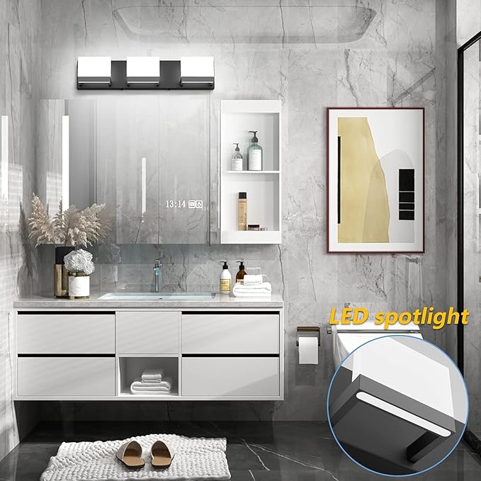 Tipace Black LED Vanity Lighting Fixture Modern 3 Lights Vanity Lights for Bathroom Black Bathroom Wall Light Fixtures 6000K