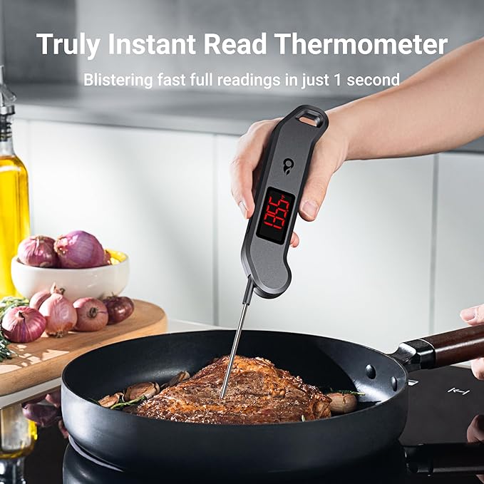 Professional Digital Meat Thermometer, 1 Sec Instant Read, ±0.5℉ Accuracy NIST&NSF Certified Food Thermometer, Auto-Rotate Bright LED Screen, 100% Waterproof Cooking Thermometer for Grill BBQ, Black