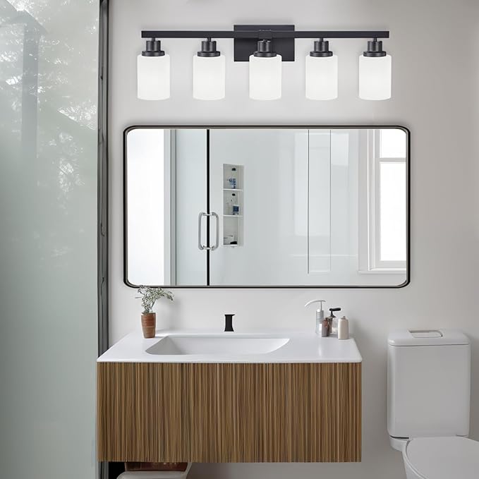 Bathroom Vanity Light, 5-Light Vanity Lighting Fixture Over Mirror for Bathroom, 30" Matte Black Wall Light Fixture, Wall Sconces with Frosted Glass Shade for Mirror Bedroom Living Room