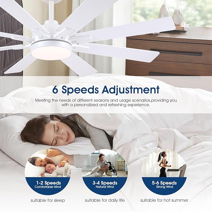 52 Inch Ceiling Fans with Lights and Remote/APP Control, Modern Ceiling Fan for Bedroom Living Room Patio Porch Indoor Outdoor, 6 Speeds, Reversible Quiet Motor, 8 Wood Blades, White