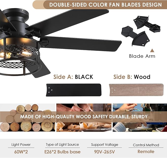 52inch Low Profile Ceiling Fan with Light and Remote,Farmhouse DIY Caged Flush Mount Ceiling Fan with Reversible DC Motor Dual Finish 6 Blades,6 Speed Black Fandelier for Patio,Bedroom,Livingroom