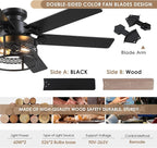 52inch Low Profile Ceiling Fan with Light and Remote,Farmhouse DIY Caged Flush Mount Ceiling Fan with Reversible DC Motor Dual Finish 6 Blades,6 Speed Black Fandelier for Patio,Bedroom,Livingroom