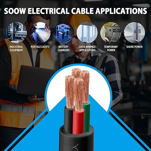 20ft 6/4 6 AWG Portable Power Cable (4 Conductor) - SOOW 600V 6 Gauge Electric Wire for Motor Leads, Portable Lights, Battery Chargers and Machinery - 4 Conductor - 20 Feet Electrical Cord