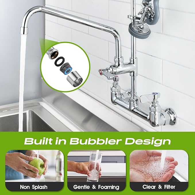 42" Height Commercial Sink Faucet with Sprayer, 8 Inch Center Wall Mount Kitchen Sink Faucet with Down Pre-Rinse Sprayer, Compartment Sink Faucet with 12" Swivel Spout for Restaurant