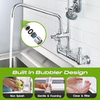 47" Height Commercial Sink Faucet with Sprayer, 8 Inch Center Wall Mount Kitchen Sink Faucet with Down Pre-Rinse Sprayer, Compartment Sink Faucet with 12" Swivel Spout for Restaurant