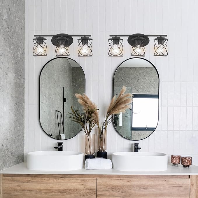 mavcadonf 3-Lights Bathroom Vanity Lights, Bathroom Light Fixtures Over Mirror, Matte Black Vanity Light, Farmhouse Wall Lights with Clear Glass Shade, Bathroom Wall Lamp for Mirror Kitchen Bedroom