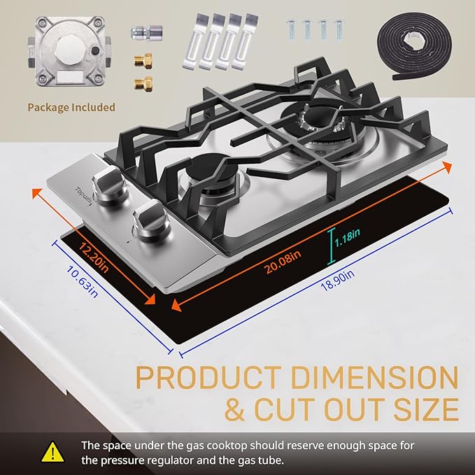 12 Inch Gas Cooktop, Propane Stove Top with 2 ITALY SABAF Sealed Burners 18,000BTU, NG/LPG Convertible Built-in Stainless Steel Stovetop with Thermocouple Protection for Rvs Kitchen Outdoor