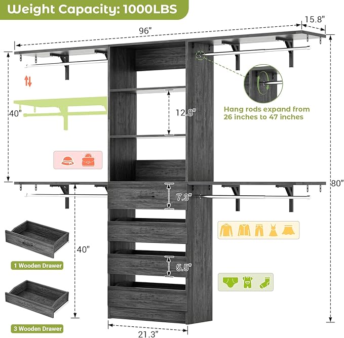 Aheaplus Closet System with 4 Drawers, 8FT Wood Closet Organizer System, 96’’ Closet Built In System Tower with Shelves, Walk-in Closet Wardrobe Clothes Garment Rack, Fits Spaces 4-9 ft, Black Oak