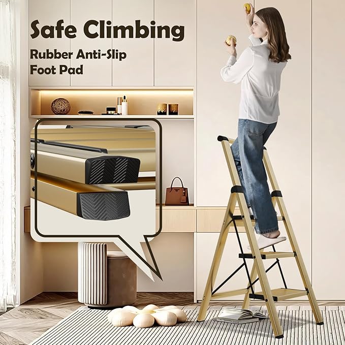 Taranta 3 Step Ladder, Portable Folding Ladder with Wide Pedal, Lightweight Aluminum Step Stool with Convenient Handgrip, 330 lbs Capacity Stepladder for Home, Office - Gold